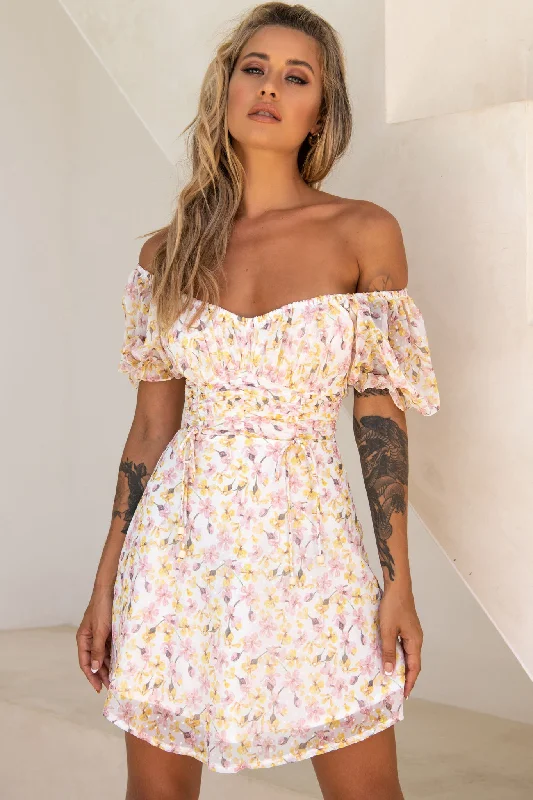 Bright Side Off-Shoulder Puff Sleeve Dress Floral Print Pink/Yellow