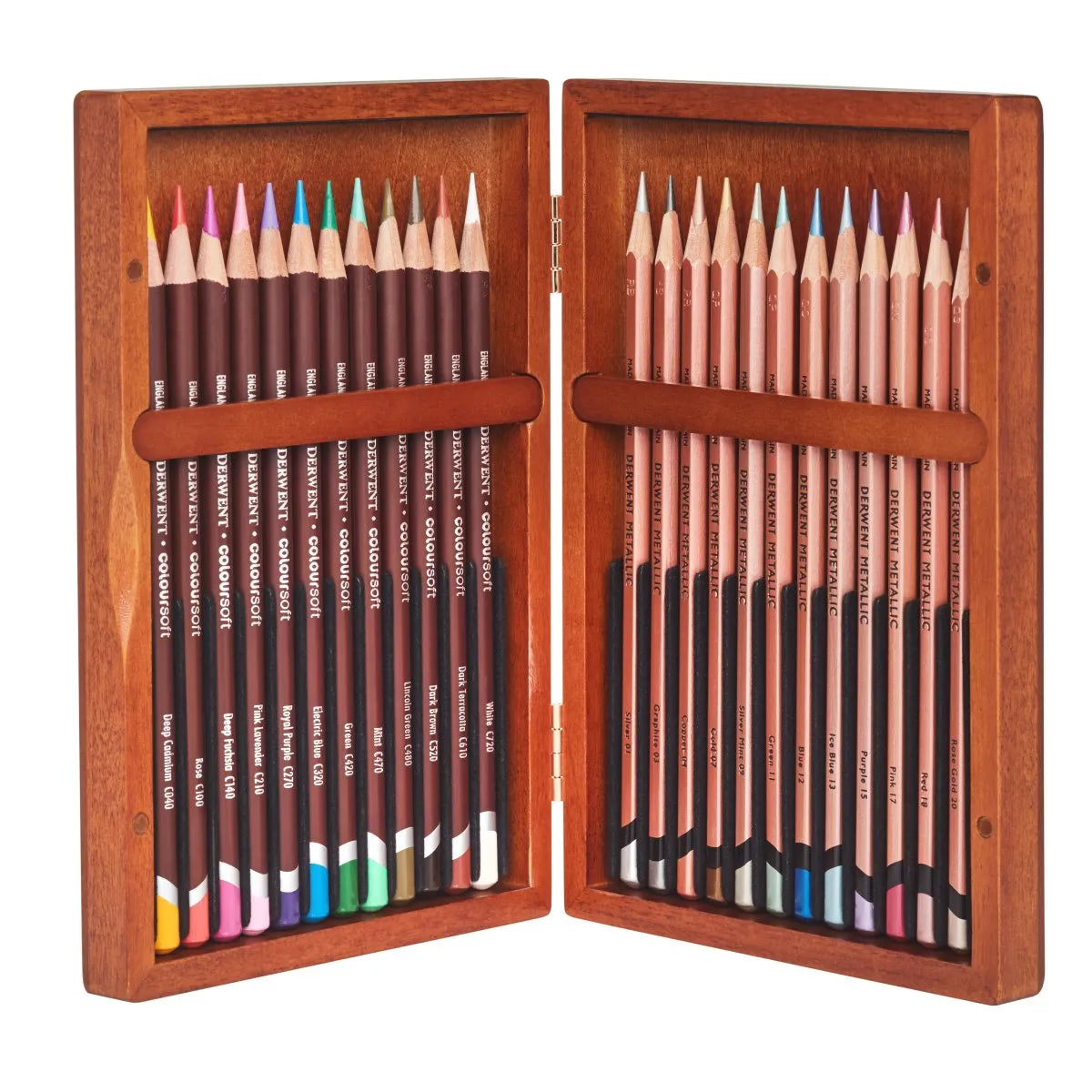 Derwent Coloursoft & Metallic Pencils Set of 24 in a Wooden Box