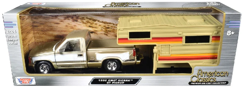 1992 GMC Sierra GT Pickup Truck Gold Metallic with White Sides with Camper Shell "American Classics" Series 1/24 Diecast Model Car by Motormax