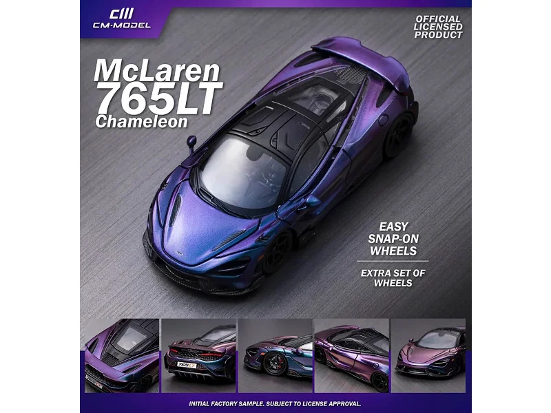 McLaren 765LT Chameleon Purple with Black Top and Extra Wheels 1/64 Diecast Model Car by CM Models