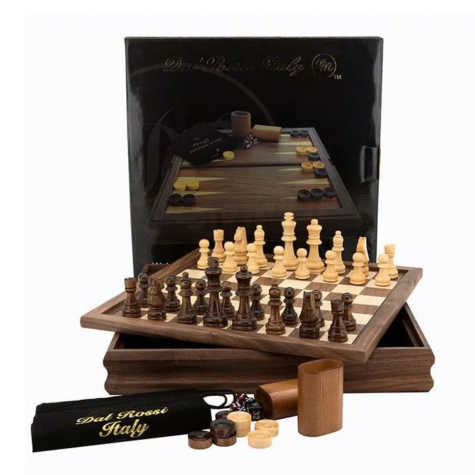 Dal Rossi Walnut Chess Checkers Backgammon Set 14''