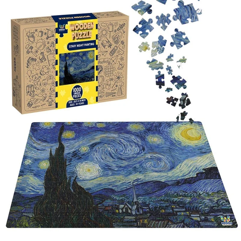 Starry Night Painting Wooden Jigsaw Puzzle (1000 Pieces) Multicolor