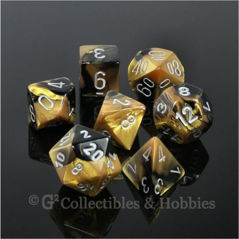 RPG Dice Set Gemini Black / Gold with Silver Numbers 7pc