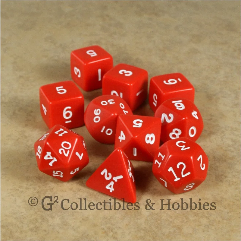 RPG Dice Set Opaque Red with White Numbers 10pc